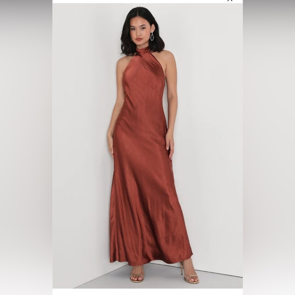 LULU’S Love in Your Life Rust Brown Satin Halter Maxi Dress